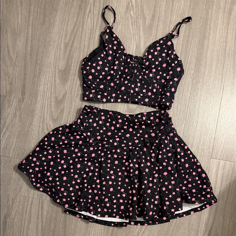 LoveShackFancy Black and Pink Floral Skirt Set